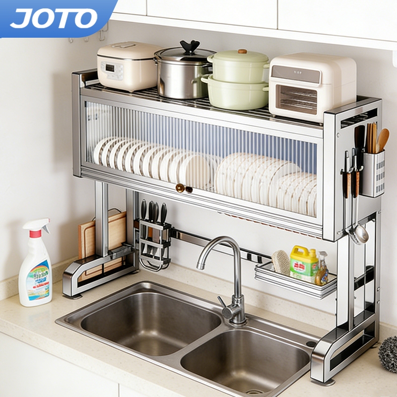 JOTO ชั้นวางจาน ที่คว่ําจาน สแตนเลส คร่อมอ่างล้างจาน รับน้ำหนักได้เยอะ อุปกรณ์ครบชุด