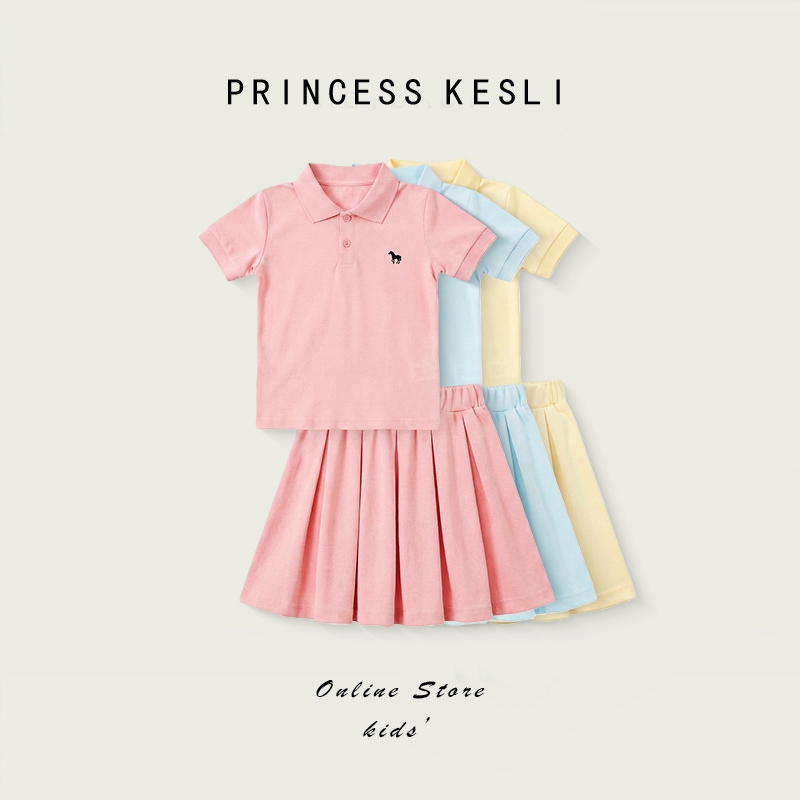 Princess kesli ชุดสูทเด็กผู้หญิงแฟชั่น ชุดเด็กผู้หญิงสไตล์เกาหลี เสื้อแขนสั้น+กระโปรงสั้น ใส่สบาย 2-12ปี