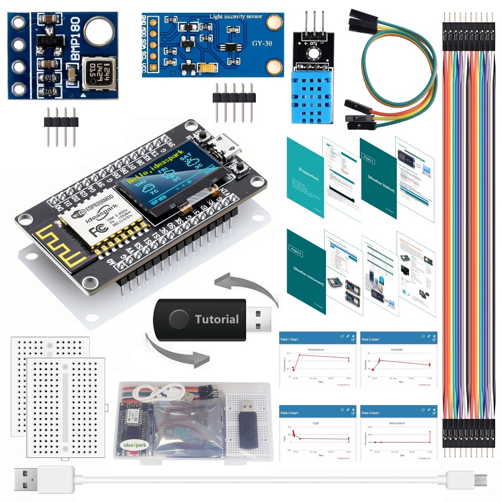 ชุดอุปกรณ์สถานีอุตุนิยมวิทยาและเครื่องมือวัดสภาพอากาศ ESP8266, บอร์ด NodeMCU ESP8266 พร้อมจอแสดงผล OLED 0.96 นิ้วในตัว, เซนเซอร์อุณหภูมิและความชื้น DHT-11, เซนเซอร์ความดันบรรยากาศ BMP-180, เซนเซอร์วัดแสง BH1750 สำหรับ Arduino