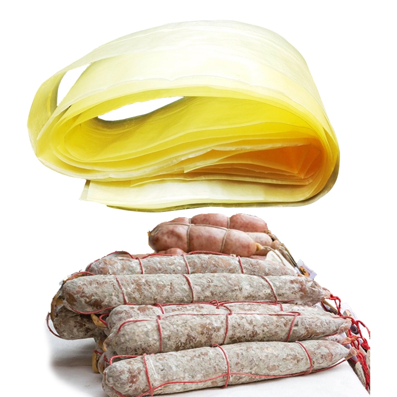 ความยาว 1 เมตร 75 มม.กว้าง 50 มม. เส้นผ่านศูนย์กลางสีเหลืองคอลลาเจนไส้กรอกปลอกสําหรับ DIY ฮอทดอก Bra