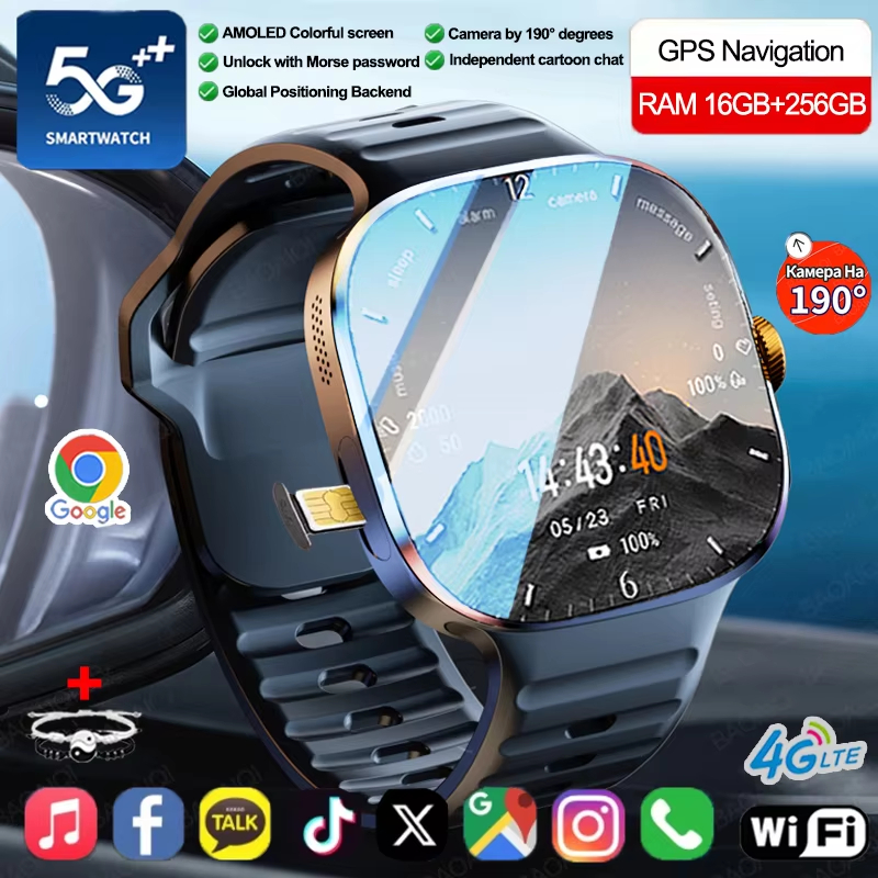 5G/4G เครือข่ายเต็มรูปแบบสมาร์ทนาฬิกา 720*720 AMOLED 2100 mAh 16GB + 256GB RAM GPS WIFI Google APPS 