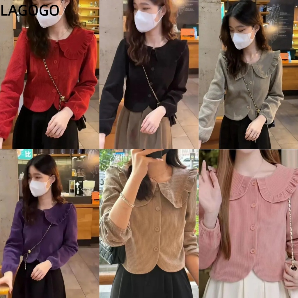 เสื้อแฟชั่นตุ๊กตาผ้าลูกฟูกออกแบบสั้นแขนยาวคาร์ดิแกนเสื้อด้านบนหวาน