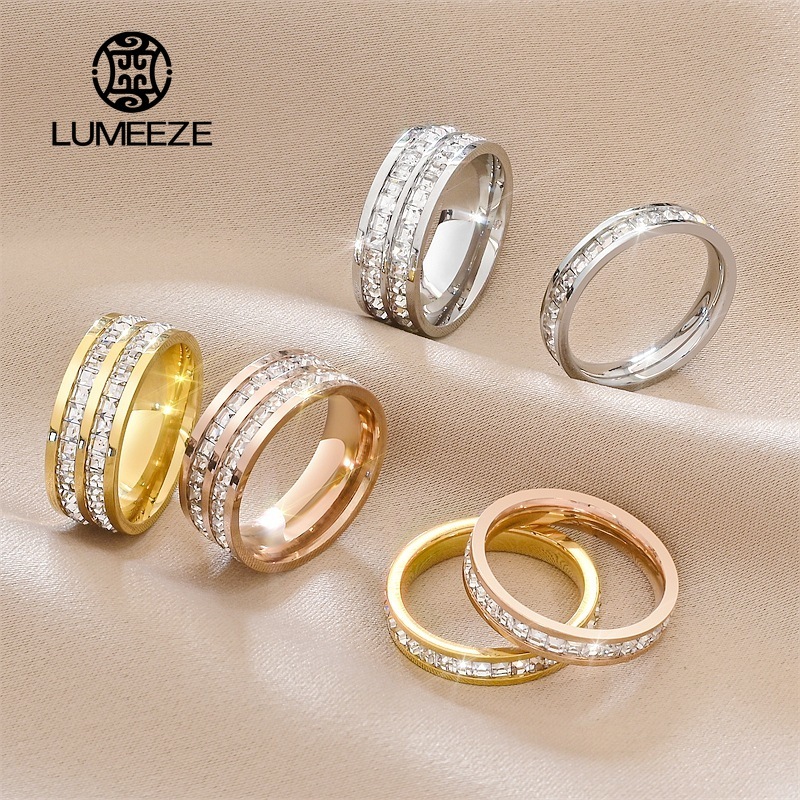 LUMEZE Shine เงินและสีทองผู้หญิงแหวนฝังสีขาวแหวนเพทายสําหรับผู้หญิงผู้ชายหมั้นเครื่องประดับงานแต่งงานของขวัญ TS303 #