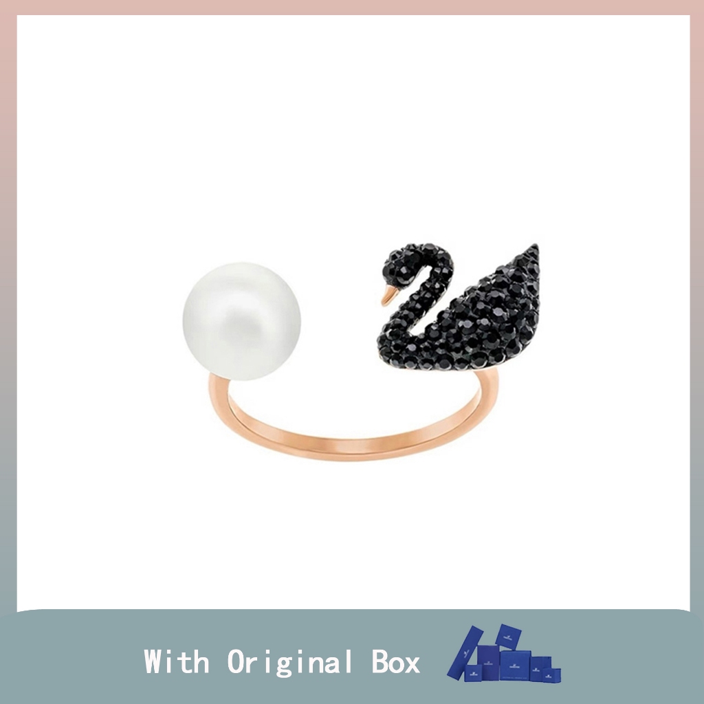 ICONIC SWAN Series Classic Open Ring Black SWAN Crystal Pearl Ring Jewelry