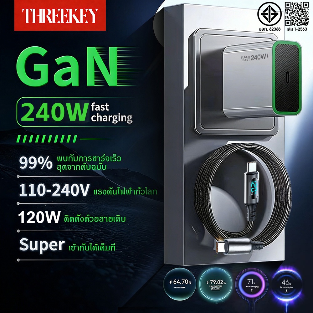 THREEKEY GaNซุปเปอร์ชาร์จเจอร์ 240W รองรับโปรโตคอลการชาร์จเร็วสำหรับโทรศัพท์มือถือทุกแบรนด์และแล็ปท็อ