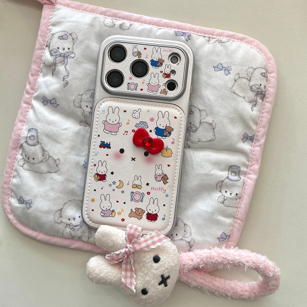 การ์ตูนน่ารัก 3D สเตอริโอ Bow Powder Blusher Miffy กระต่ายตุ๊กตาจี้เคสโทรศัพท์สําหรับ iPhone 13 14 15 16 17 Pro Max หนังกันกระแทกปกหลัง