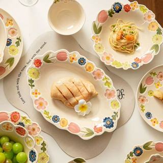 ❤Molly Preferred Japanese Flower Ceramic Tableware Hand-Painted Flower Tableware Lace Ceramic Plate Salad Bowl Rice Bowl Noodle Bowl Deep Dish Microwave Available