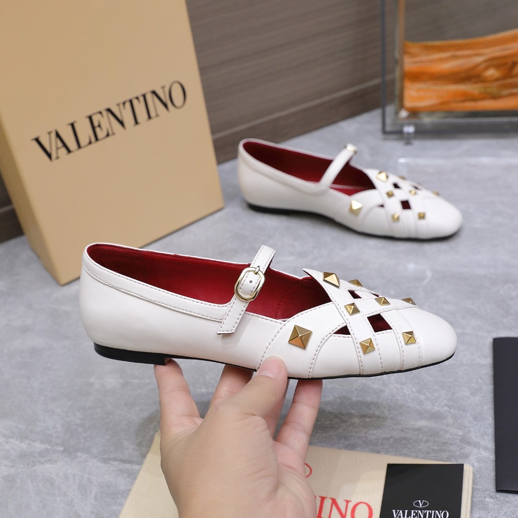 Valentino Ladies Leather Cutout Flat Mary Jane Shoes