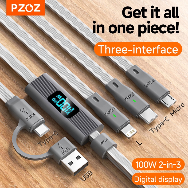 Pzoz LED 100W 3 ใน 1 สาย USB C ถึง Type C Micro สําหรับ iPhone 17 16 15 14 13 12 Pro MAX สายชาร์จ Fast Charger ประเภท C ข้อมูล