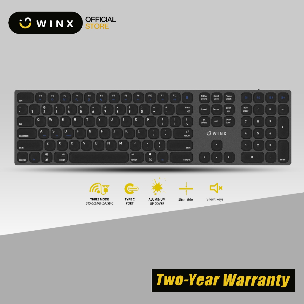 WINX WX-KB104 อลูมิเนียมเงียบชาร์จไร้สาย RF & Bluetooth คีย์บอร์ด Ultra Slim Skin-Friendly Texture เ