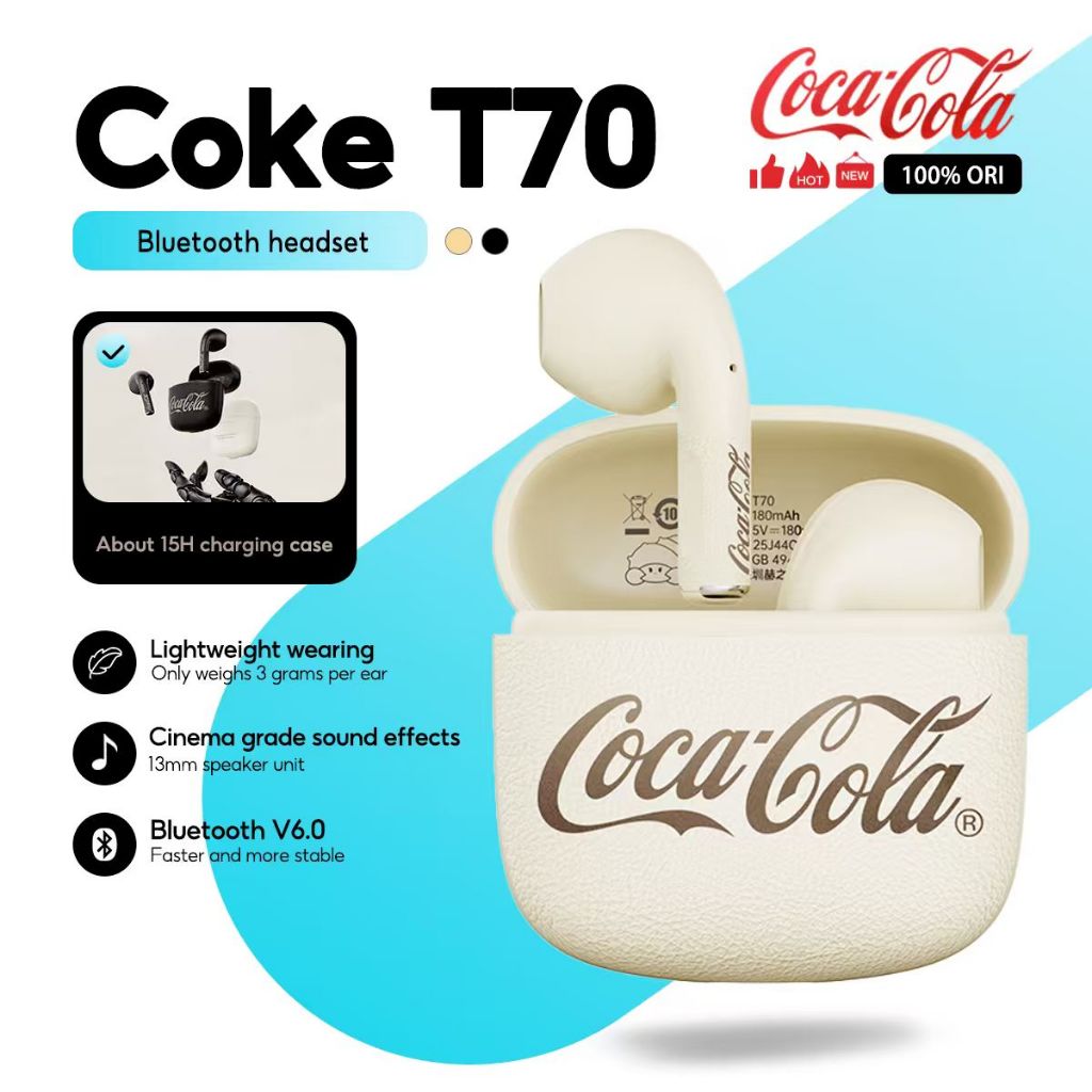 Coca-Cola T70 หูฟังไร้สาย Bluetooth 6.0 พร้อมเสียงเซอร์ราวด์ ชาร์จเร็ว และอายุการใช้งานแบตเตอรี่ยาวนาน