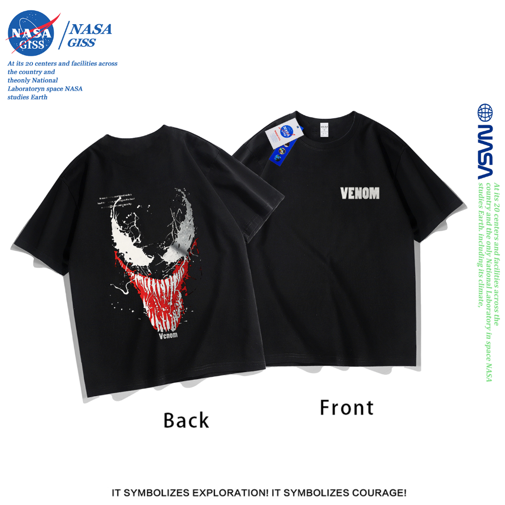 NASA เสื้อยืดชายหญิงแขนสั้น สตรีทฮิปฮอป summer Marvel Venom พิมพ์ลาย คอตตอน คอกลม หลวมและระบายอากาศ