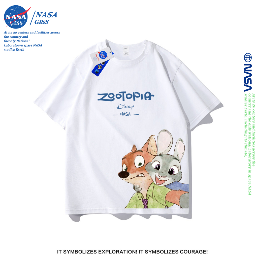 NASA เสื้อยืดชายหญิงแขนสั้น สไตล์ลำลอง summer Zootopia พิมพ์ลาย คอตตอน คอกลม หลวมและระบายอากาศ