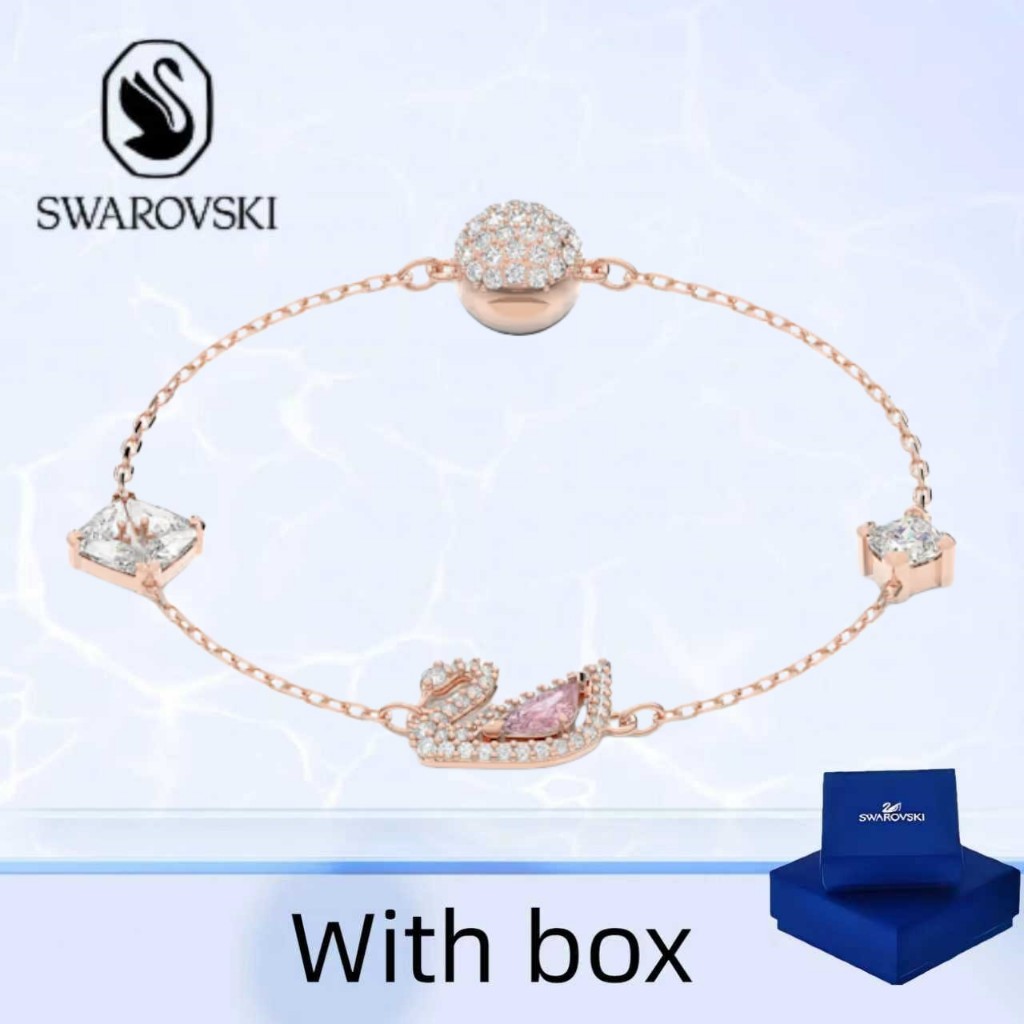 สร้อยข้อมือหงส์สีชมพูโทนโรสโกลด์จากเงินแท้ Swarovski (พร้อมกล่อง)