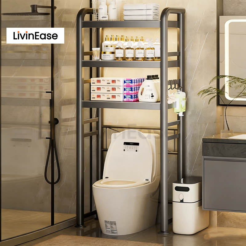 LivinEase ชั้นวางของเหนือโถสุขภัณฑ์แบบแข็งแรงทนทาน ประหยัดพื้นที่ ชั้นวางของอเนกประสงค์สำหรับห้องน้ำ