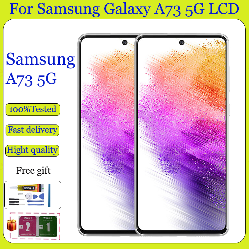 Original AMOLED สําหรับ Samsung Galaxy A73 5G จอแสดงผล LCD หน้าจอสัมผัสพร้อมการเปลี่ยนกรอบ