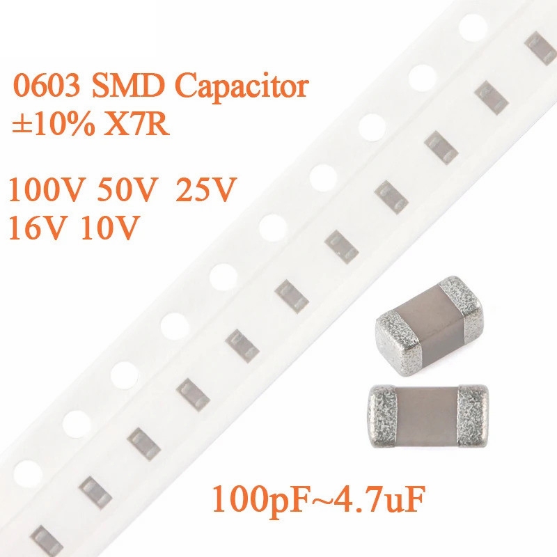 100PCS Capacitors 0603 ตัวเก็บประจุ SMD ±10% 25V X7R 100V 50V 16V 10V 100pF ~ 4.7uF 1uF 2.2uF 100nF 