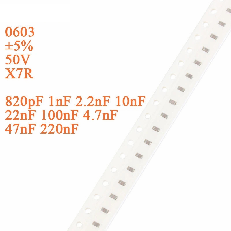 100PCS ตัวเก็บประจุ 0603 ตัวเก็บประจุ SMD ±5% 50V X7R 820pF 1nF 2.2nF 4.7nF 10nF 22nF 47nF 100nF 220