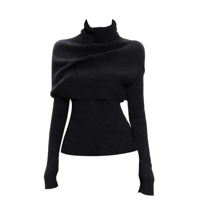 TCH ฝรั่งเศสคอเต่าผ้าคลุมไหล่เสื้อถักผู้หญิงฤดูใบไม้ร่วงฤดูหนาวสลิมฟิตปลอมสองชิ้นเสื้อ จุดต่ําสุด เส