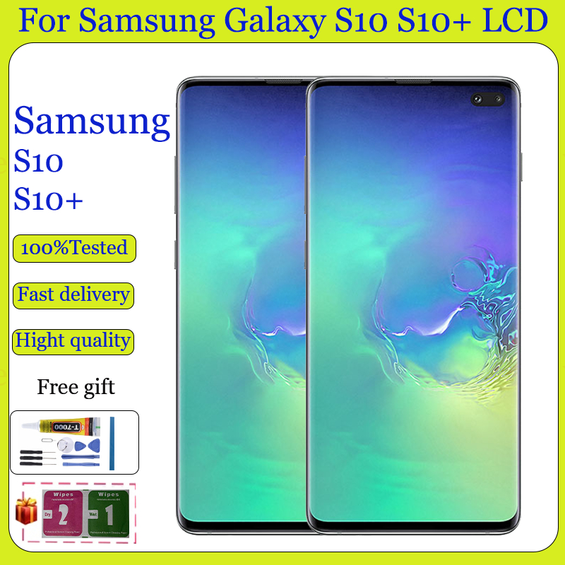 Original AMOLED สําหรับ Samsung Galaxy S10 4G S10+ G975F G770 G975U G975W LCD กรอบจอแสดงผลดิจิตอลหน้าจอสัมผัสเปลี่ยน