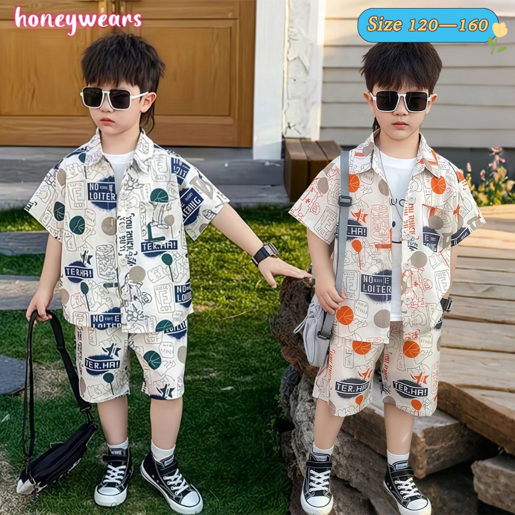 honeywears⚡พร้อมส่ง⚡ชุดเซ็ทเด็กชาย ชุดเชิ้ตเด็ก เสื้อเชิ้ตแขนสั้น+กางเกงขาสั้น ใส่เที่ยว ผ้านิ่ม ระบายอากาศได้ ใส่สบายมาก งานจริงสวย สไตล์ฮาวาย ไซส์ 120-160