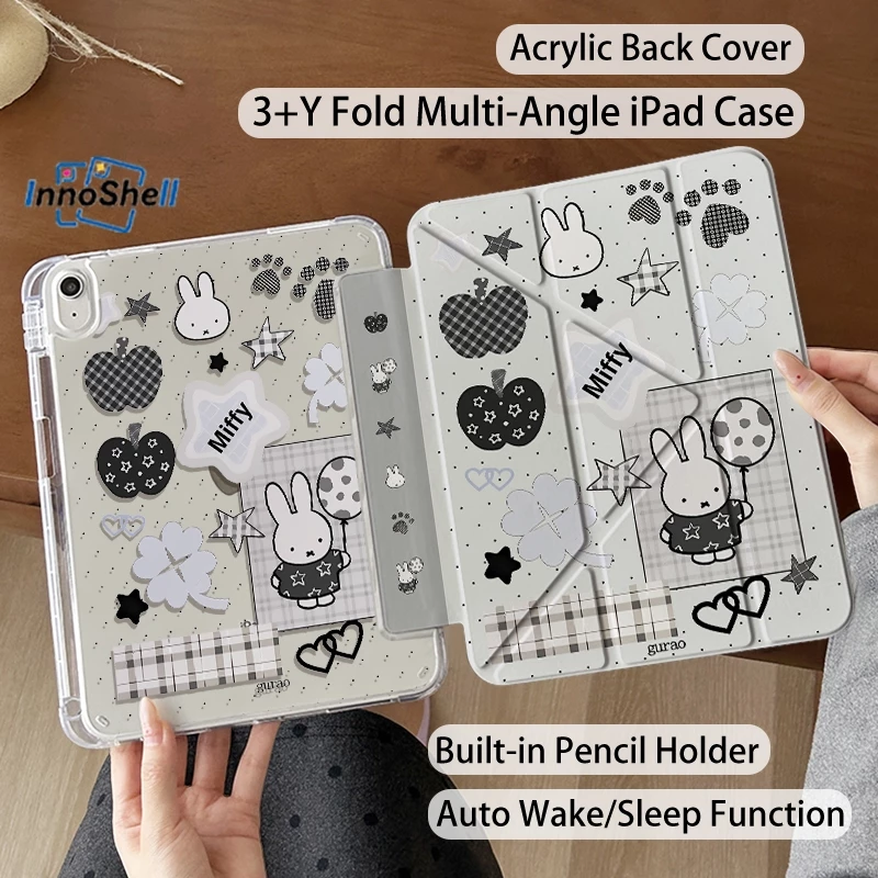 เคสiPad แบบพับได้ 3+Y สำหรับ Miffy Gen11 A16 Gen10 2022 Air6/7 Air4 Air5 10.9 Gen7 Gen8 Gen9 Pro11