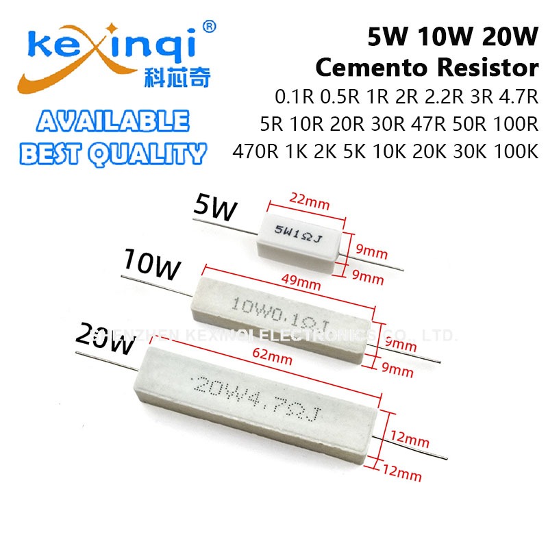 (1 ชิ้น) 5W 10W 20W 5% Cemento Resistor Power Resistance 0.1R 1R 2.2R 4.7R 10R 47R 100R 470R 1K 10K 