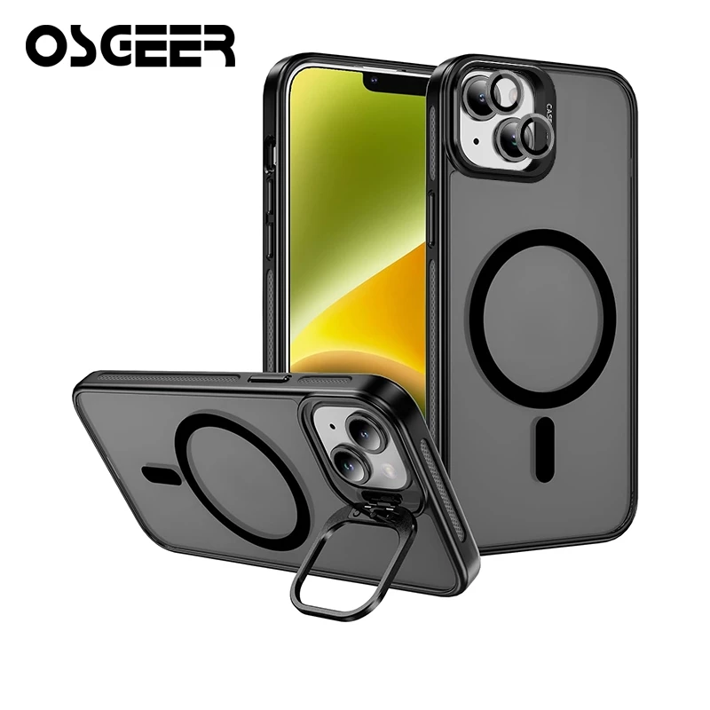 OSGEER สําหรับ iPhone 18 17 16 15 14 13 12 11 Pro Max Case พร้อมขาตั้งกรอบ [ตัวป้องกันเลนส์กล้อง ] [ไม่เหลือง] [ป้องกันการตก][กันกระแทกและแม่เหล็ก]