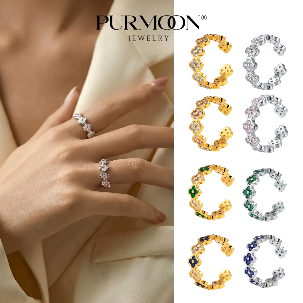 Purmoon Lucky Clover แหวนเปิดปรับได้,Zircon Inlay, Minimalist Everyday Band สําหรับผู้หญิง,สัญลักษณ์โชคดี, ของขวัญที่สมบูรณ์แบบสําหรับ BestFriend หรือแฟน R675 R676