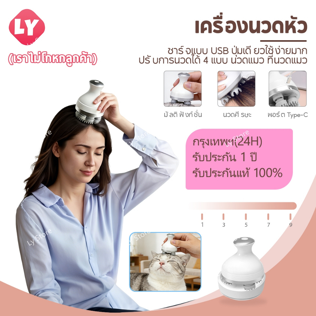 Ly เครื่องนวดหัว เครื่องนวด Head Massager เครื่องนวดหนังศีรษะไฟฟ้า ชาร์จแบบ 4 หัว เครื่องนวดไฟฟ้า แบบมือถือ ที่นวดหัวไฟฟ้า อุปกรณ์นวดหัวไฟฟ้า นวดแมว ที่นวดแมว นวดสุนัข เครื่องนวดหัวแมว แบบพกพา