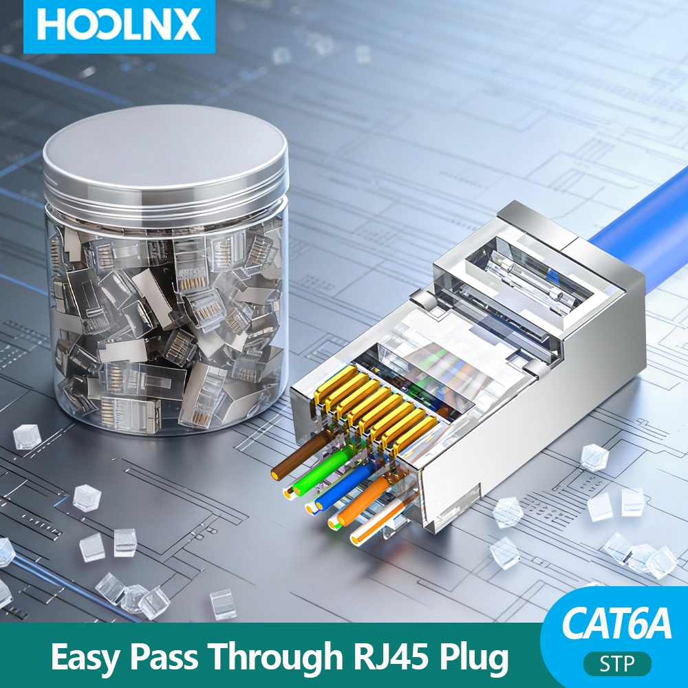 HOOLNX CAT6A Shielded RJ45 Connector, 3U Gold Plated Pass-Through Plug, 1.2mm Bore for 23-26AWG Cable, 30/50/100-Pack (กระเป๋า/Jar)