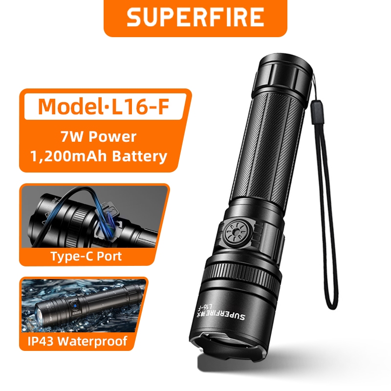 SUPERFIRE L16-F 7W ไฟฉายขนาดเล็ก 450LM Super Bright IP43 กันน้ํา 1200mAh แบตเตอรี่ทํางานสําหรับกลางแ