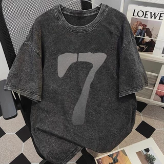 (Cotton 100%) เสื้อยืดชาย ผู้หญิง คอกลม สีดำ สีขาว วินเทจ แฟชั่นย้อนยุค ผ้าฝ้าย วัยผู้ใหญ่ ชุดคู่รัก พิเศษขนาดใหญ่ Cotton 100 % ลวดลาย seven ง003