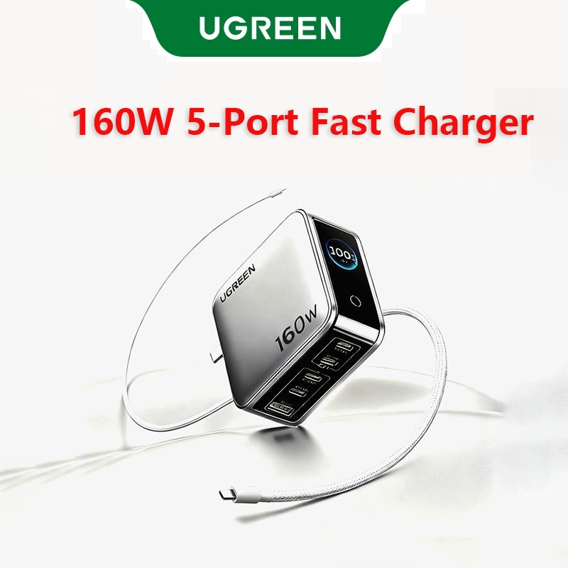 UGREEN 160W GaN 5-Port Fast Charger Foldable Charger With 1.5m 240W Cable Real Time Smart Display