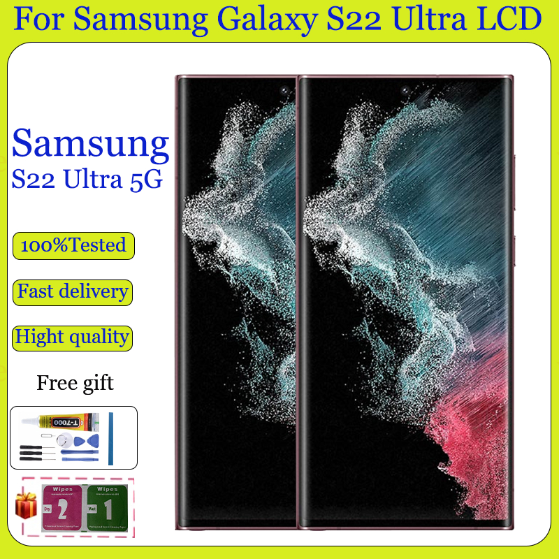 Original AMOLED สําหรับ Samsung Galaxy S22 Ultra 5G จอแสดงผล LCD หน้าจอสัมผัสพร้อมการเปลี่ยนกรอบ