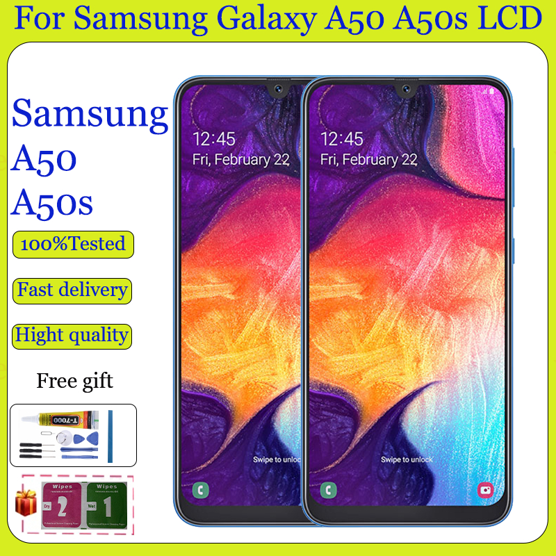 Original AMOLED สําหรับ Samsung Galaxy A50 A50s จอแสดงผล LCD หน้าจอสัมผัสพร้อมการเปลี่ยนกรอบ