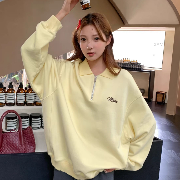 💜MISS SUMEY💜 M-2XL ครึ่งซิป เสื้อสเวตเตอร์ ผู้หญิง สไตล์เกาหลี ปัก แขนยาว โอเวอร์ไซส์ ลำลอง ท็อป