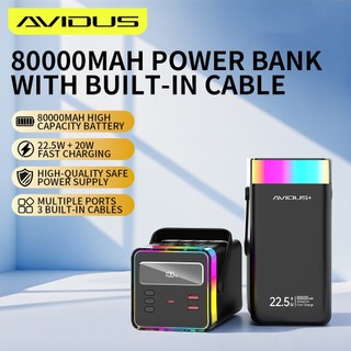 AVIDUS SU80 80000mAh 22.5W Built-in Cable Powerbank With RGB Lighting Type-C Two-way Fast Charging LED Digital Display Emergency Light PowerBank