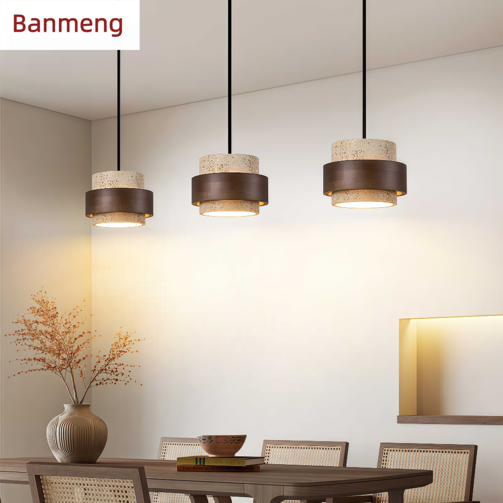 Mid-Century Modern Travertine & Walnut จี้ข้างเตียง - Wabi-Sabi สไตล์วินเทจ หรี่แสงได้ สําหรับห้องนอน บาร์ ศึกษา ห้องรับประทานอาหาร