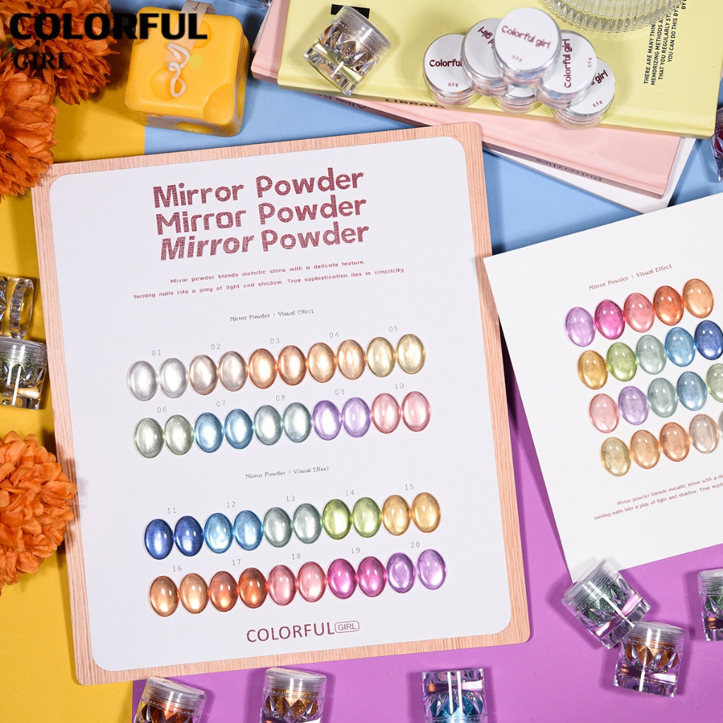 【พร้อมส่ง】COLORFUL GIRL ผงขัดเล็บโทนสีแคนดี้แบบกระจก | เงากระจก 20 สีสดใส | สำหรับตกแต่งเจลทาเล็บ | เลือกซื้อได้ทั้งชุดและแยกสี 💅🏻 แถมแปรงขัด