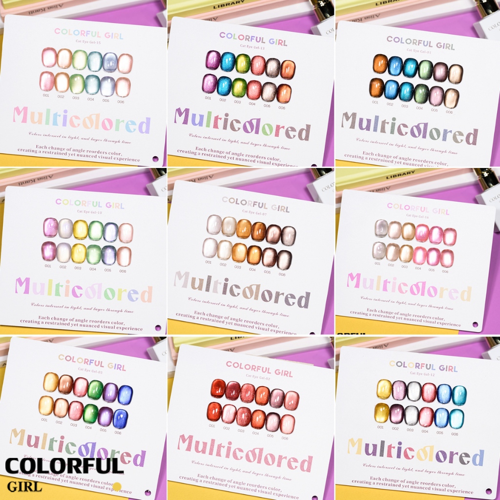 【พร้อมส่ง】COLORFUL GIRL  6สี    สีเจลแคทอายเนื้อซาติน/สีเจลแคทอาย /สีเจลไซรัป  สีลูกแก้ว ฟรีชาร์ทสี Cat eye  6สี  (แถม ชาร์ทสี ทามาให้แล้ว)