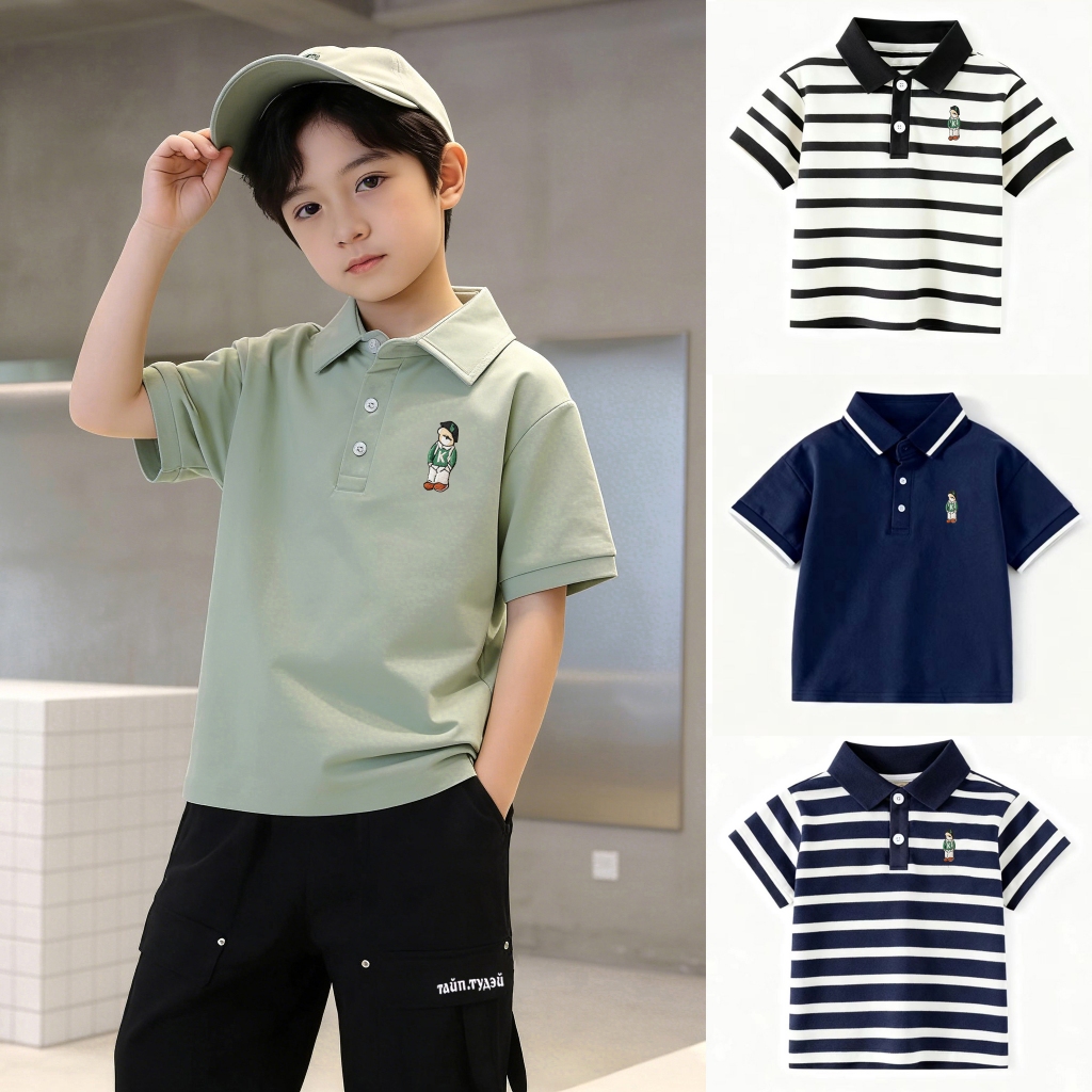 เสื้อโปโลสไตล์เกาหลีรุ่นใหม่สำหรับเด็กผู้ชาย ออกแบบด้วยลายเส้นและสีพื้นที่ทันสมัย ทำจากผ้าฝ้าย 100% สวมใส่สบายและระบายอากาศได้ดี เหมาะสำหรับเด็กอายุ 5-12 ปีในโอกาสปกติและการแต่งตัวในชีวิตประจำวัน