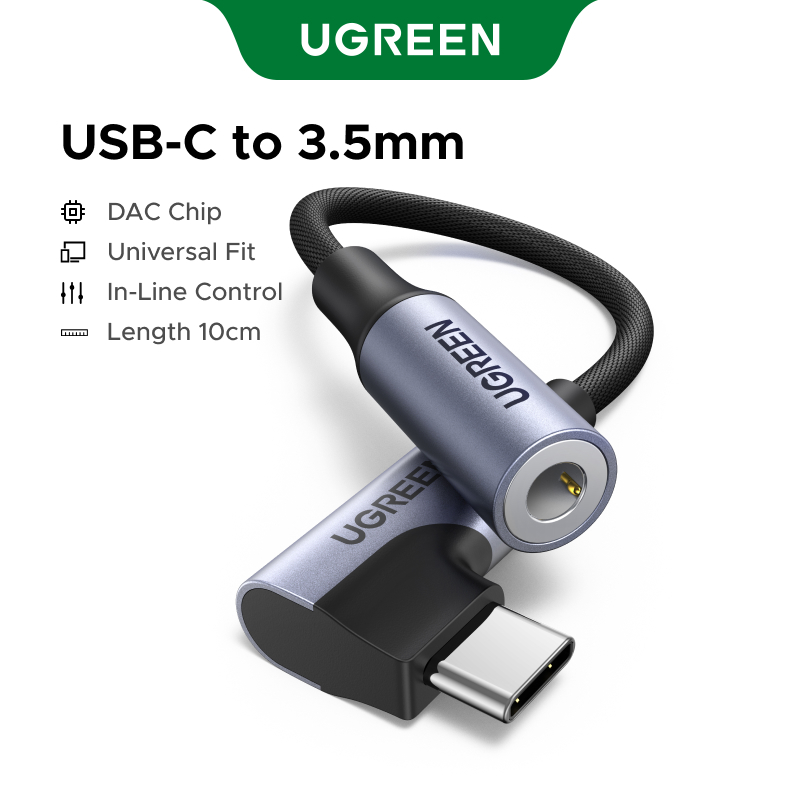 UGREEN สายอะแดปเตอร์เสียง Hi-FIi USB-C ถึง 3.5 มม. (90° ปลั๊กมุม) - 96kHz/24bit DAC, อลูมิเนียมอัลลอ
