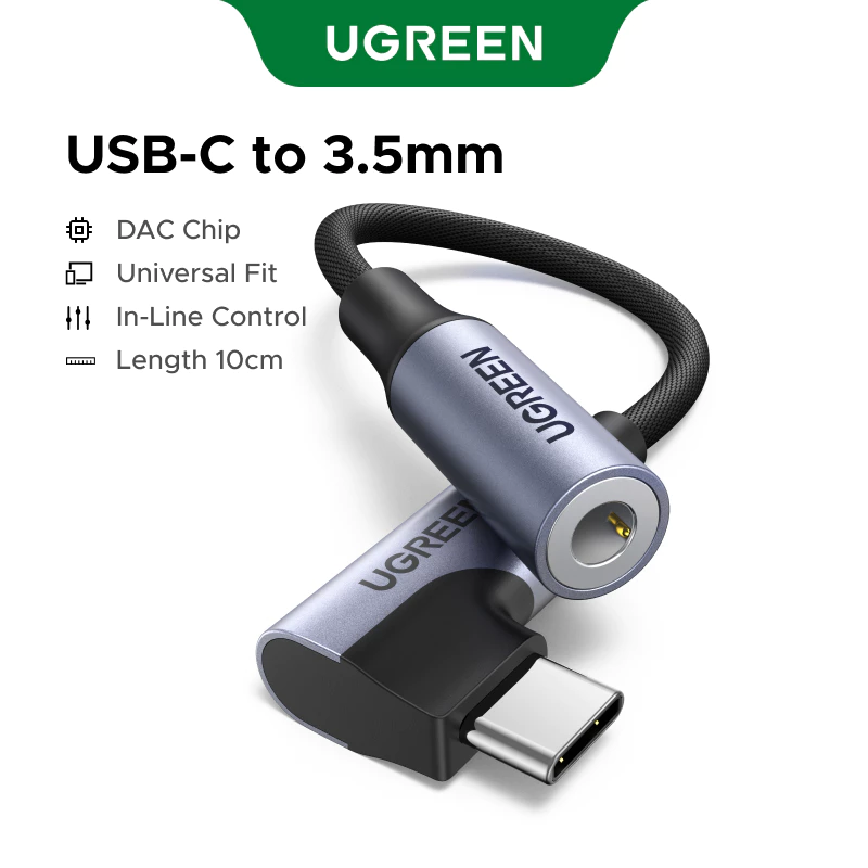 UGREEN สายอะแดปเตอร์เสียง Hi-FIi USB-C ถึง 3.5 มม. (90° ปลั๊กมุม) - 96kHz/24bit DAC, อลูมิเนียมอัลลอยด์ + ถัก (10 ซม., สีเทา) สําหรับ MacBook, iPad Pro, Samsung Galaxy, โทรศัพท์ Android