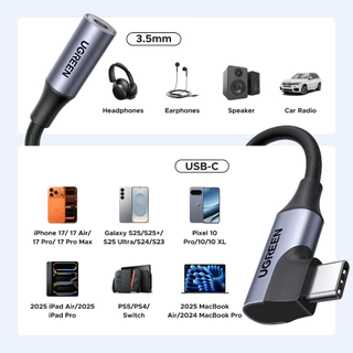 UGREEN สายอะแดปเตอร์เสียง Hi-FIi USB-C ถึง 3.5 มม. (90° ปลั๊กมุม) - 96kHz/24bit DAC, อลูมิเนียมอัลลอยด์ + ถัก (10 ซม., สีเทา) สําหรับ MacBook, iPad Pro, Samsung Galaxy, โทรศัพท์ Android