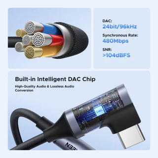 UGREEN สายอะแดปเตอร์เสียง Hi-FIi USB-C ถึง 3.5 มม. (90° ปลั๊กมุม) - 96kHz/24bit DAC, อลูมิเนียมอัลลอยด์ + ถัก (10 ซม., สีเทา) สําหรับ MacBook, iPad Pro, Samsung Galaxy, โทรศัพท์ Android