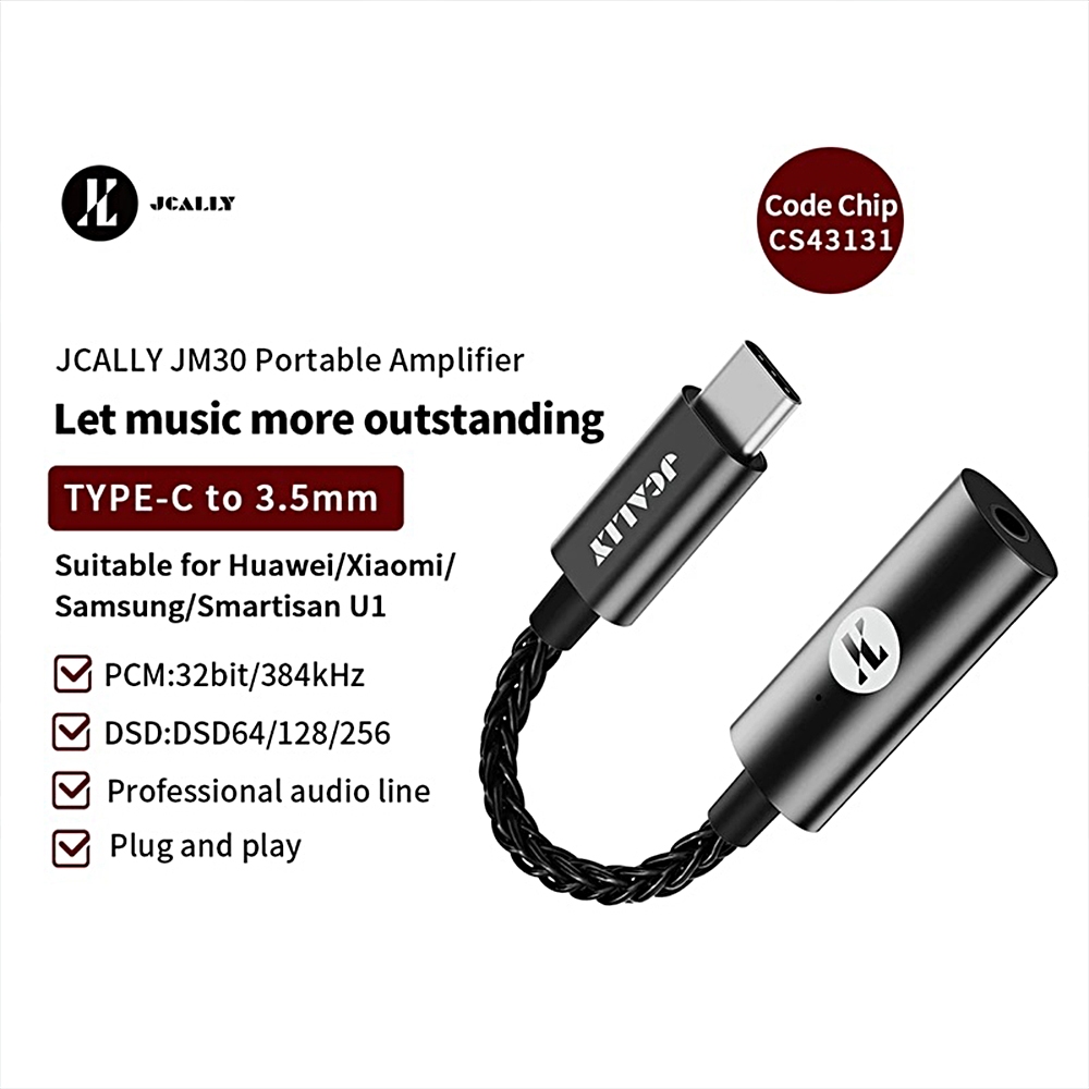 JCALLY JM30 เครื่องขยายเสียงแบบพกพา Type-C ถึง 3.5 มม.เสียงไฮไฟถอดรหัสอย่างรวดเร็วหูฟังแปลงปลั๊ก CS4