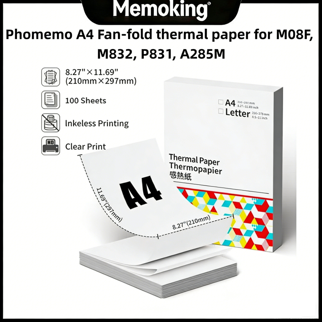 Phomemo A4 กระดาษพับความร้อนเข้ากันได้กับ M08F M832 P831, 8.27 "11.69" ขนาด 100 แผ่น