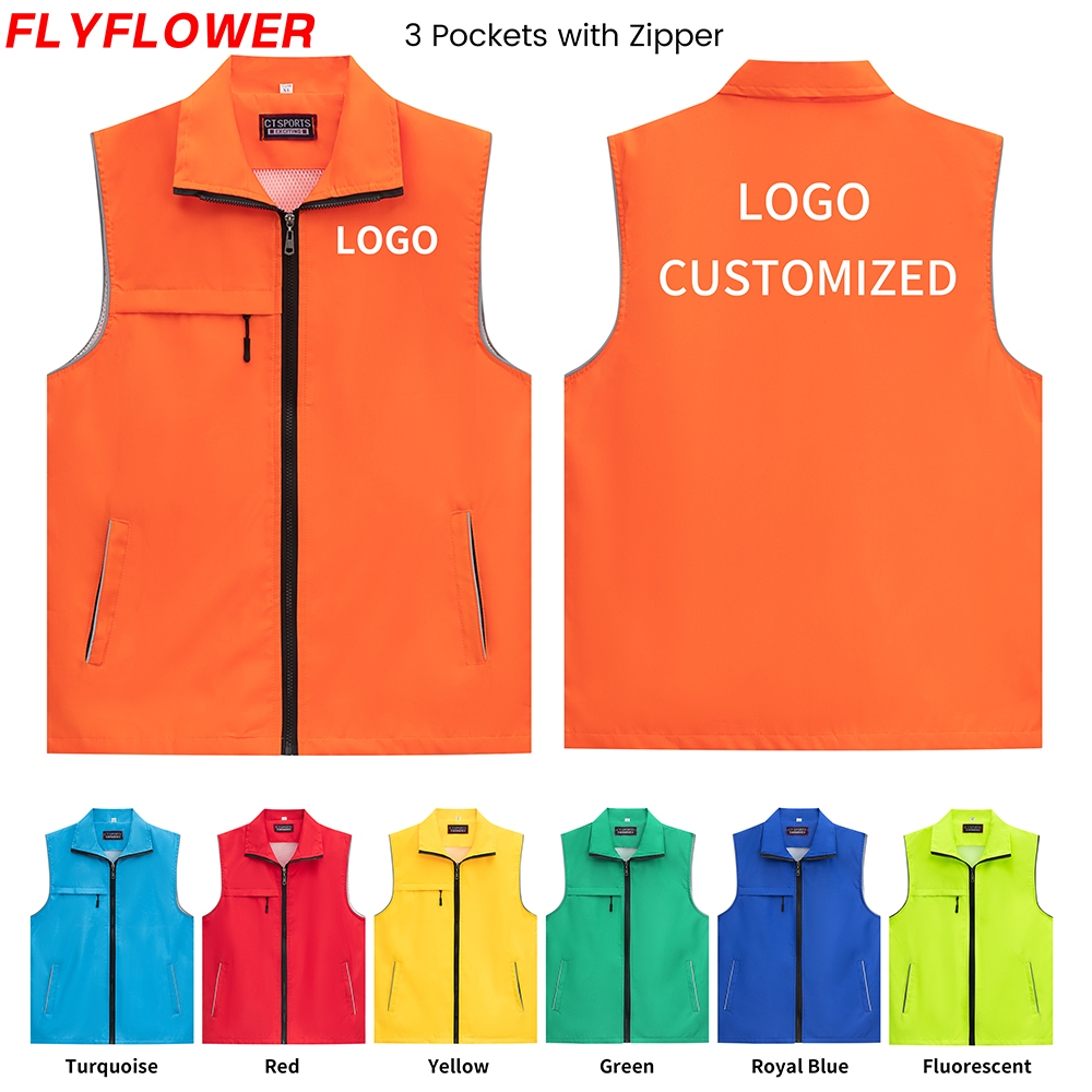 เสื้อกั๊กซิปกันลมมีกระเป๋ามากมาย โลโก้แบบกำหนดเอง สวมได้ทุกเพศ