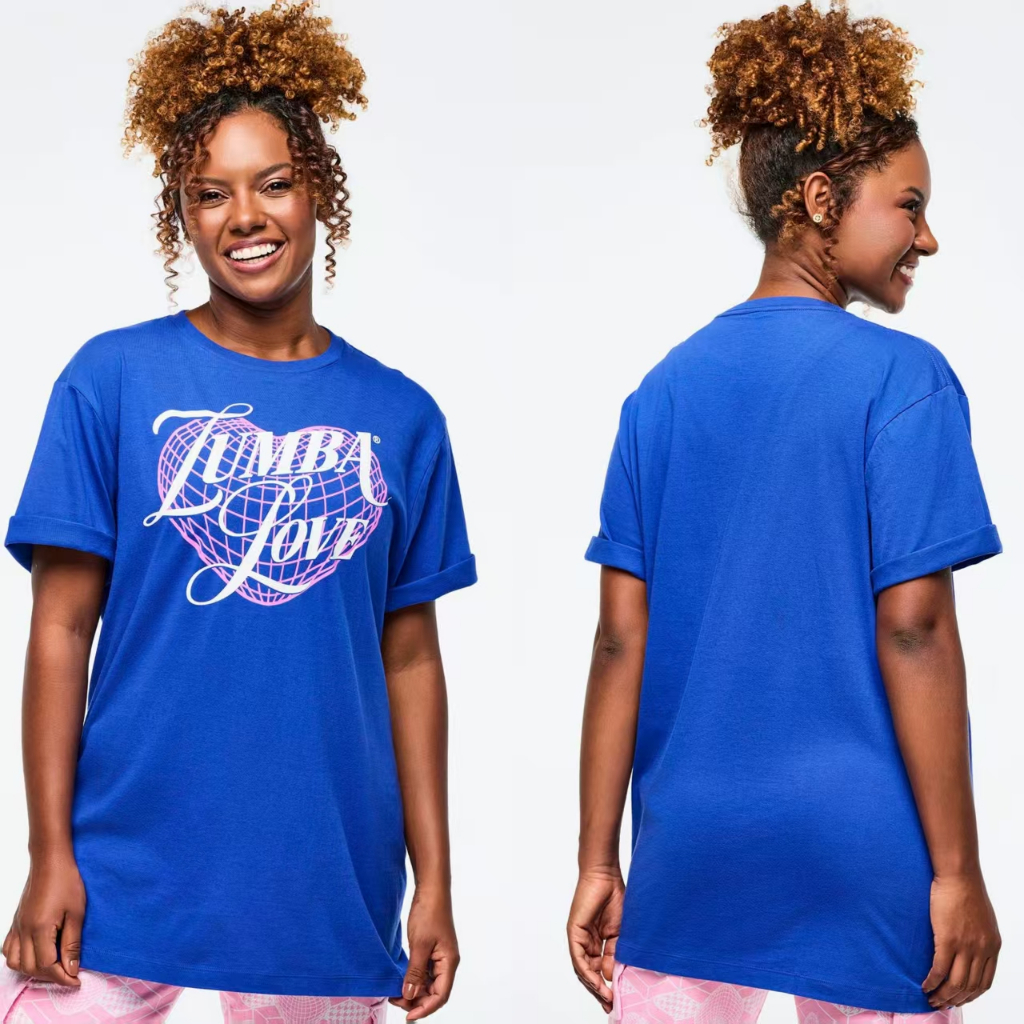 เสื้อยืดแขนสั้น ZUMBA สีฟ้าสำหรับผู้ชายและผู้หญิง สวมใส่ง่ายสำหรับทำกิจกรรม fitness และ zumba